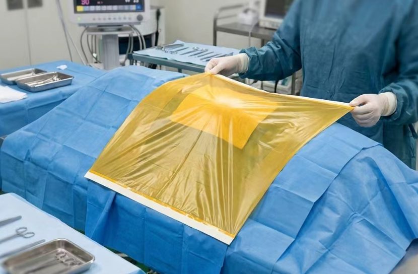 Iodophor-containing incise film applied over a sterile field