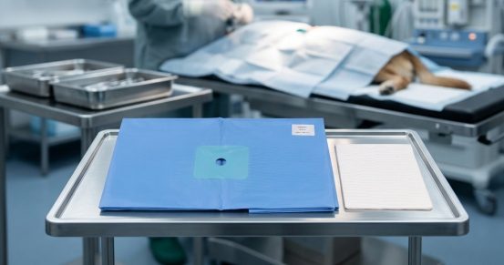 Sterile surgical pack laid out on an instrument tray