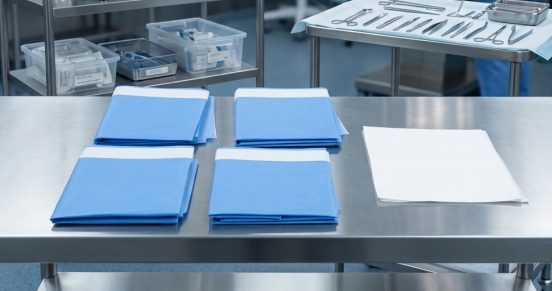 Folded procedure packs on a clinic trolley