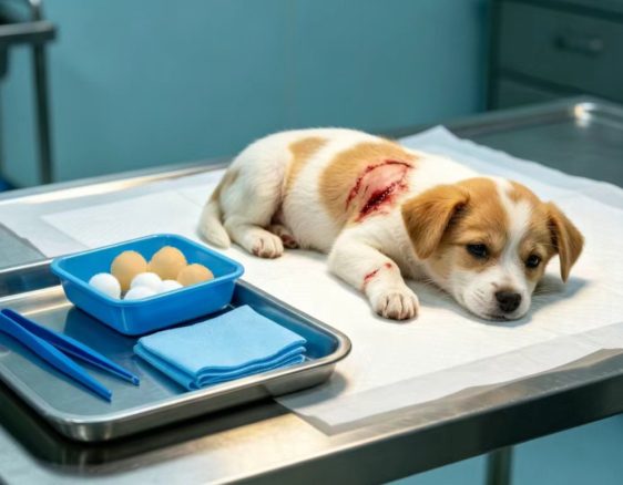 Puppy resting on a clinic table after a procedure