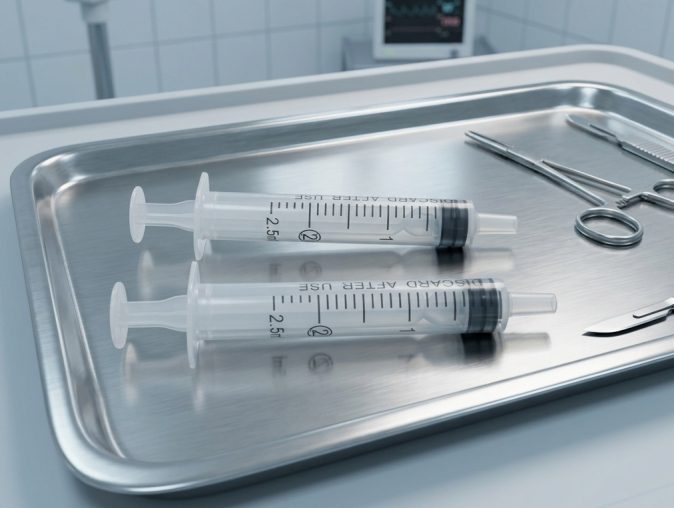 Veterinary syringes on an instrument tray